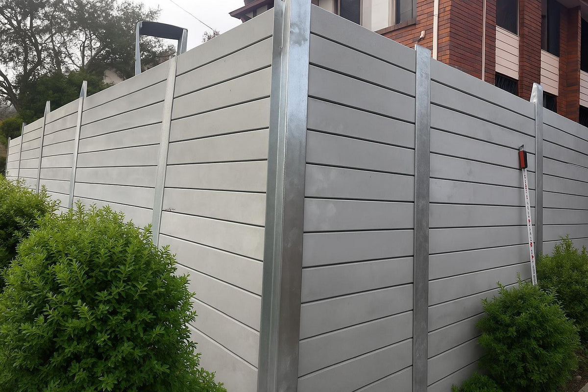 Concrete sleepers stacked between galvanised steel posts in a finished retaining wall