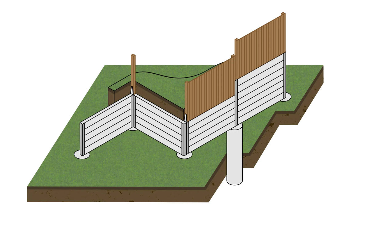 Fence post brackets bolted to the top of galvanised steel retaining wall posts
