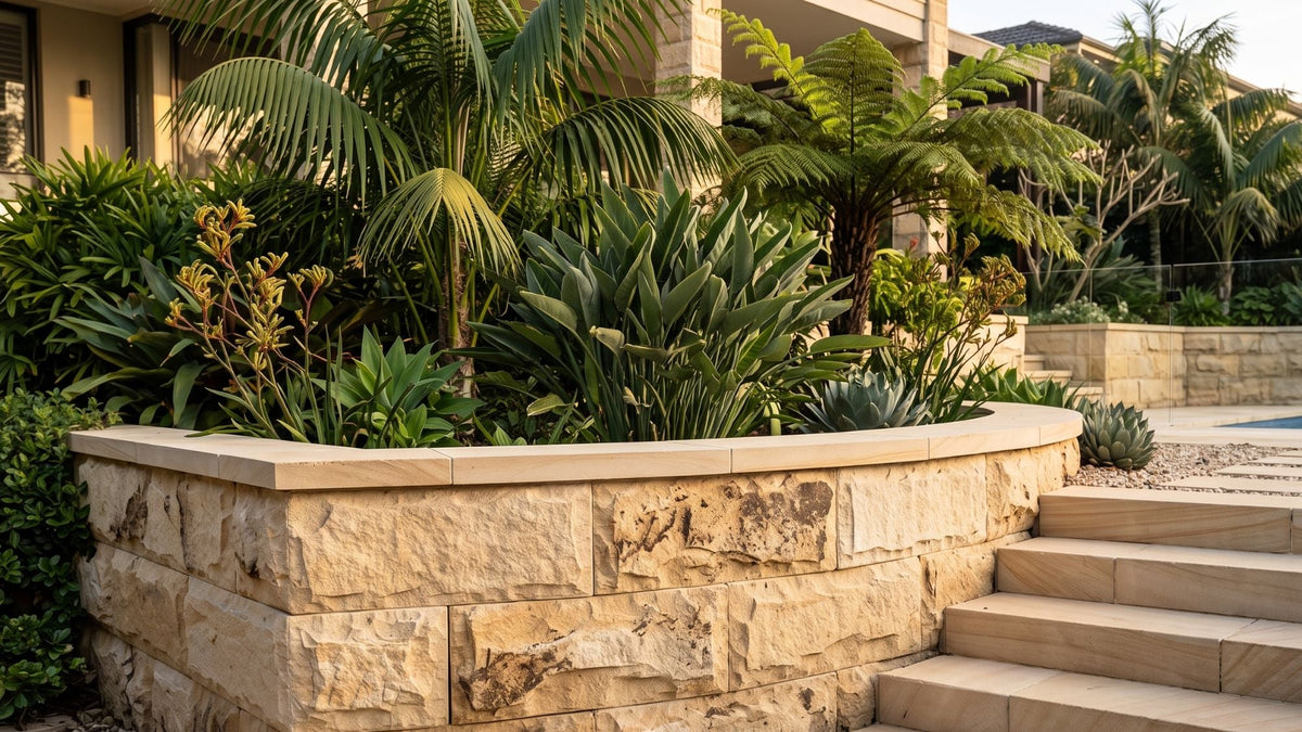 Natural sandstone block retaining wall