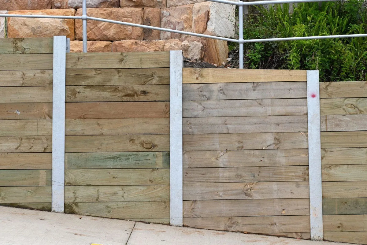 Timber sleeper retaining wall, shown as a guide only