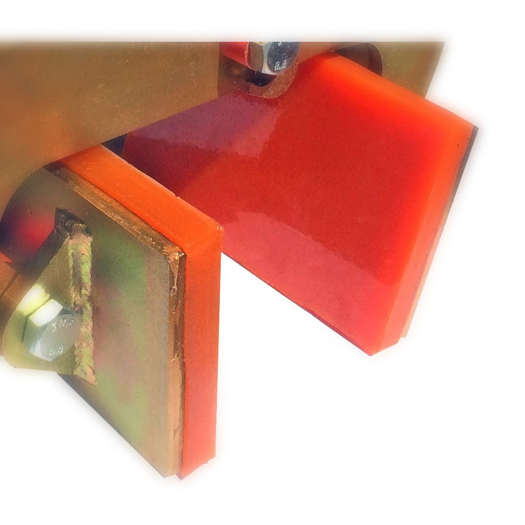 Orange lift pads fitted to the jaws of the HYBUILT concrete sleeper grab